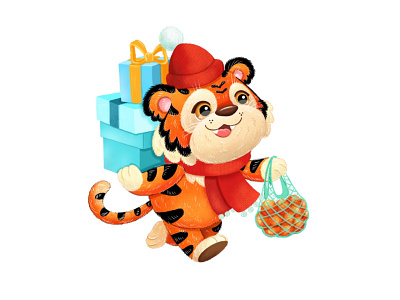 Tiger with presents animal art character character design children illustration christmas cute animals digital illustration greeting card illustration illustrator kids illustration new year new year card tiger tiger 2022