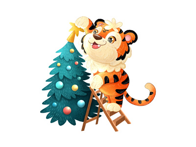 Christmas tree animal art character character design children illustration christmas christmas tree cute animals cute tiger illustration illustrator kids character new year new year 2022 picture book symbol if the year tiger tiger 2022