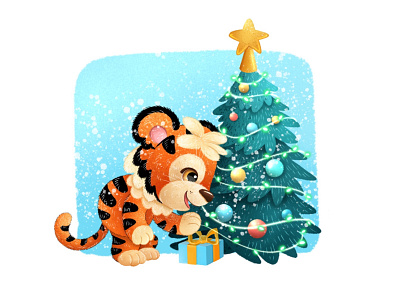 Present animal art character character design children character children illustration christmas christmas tree cute tiger greeting card holiday illustration illustrator kids character new year picture book tiger