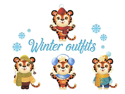 Winter tiger outfits animal art art character character design children character children illustration christmas cute animals design digital illustration graphic design greetincard illustration illustrator kids illustration new year picture book tiger