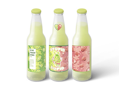 Stupid cupid. Lime and strawberry lemonade animal art bottle bunny character character design children character children illustration cupid cute illustration heart illustration kids character label design lemonade lime packaging packaging design product design strawberry valentines day