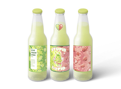 Stupid cupid. Lime and strawberry lemonade animal art bottle bunny character character design children character children illustration cupid cute illustration heart illustration kids character label design lemonade lime packaging packaging design product design strawberry valentines day