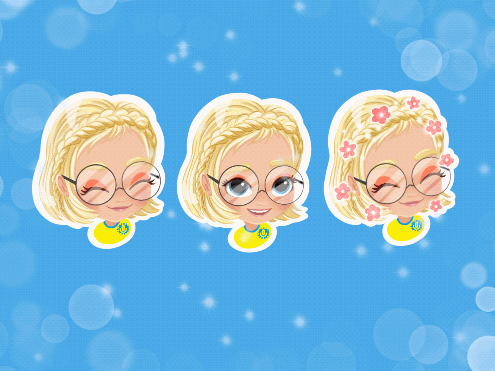 Girl with the braid stickers animation blond hair blue brand character character character design children character children illustration emoji gif girl glasses illustration illustrator kid kids illustration logo motion sticker sticker pack