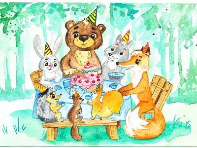 Birthday cake animal art art bear birthday birthday cake birthday card children illustration cute animals cute art design drawing fox greetingcard hare hedgehog illustration illustrator watercolor watercolor art wolf