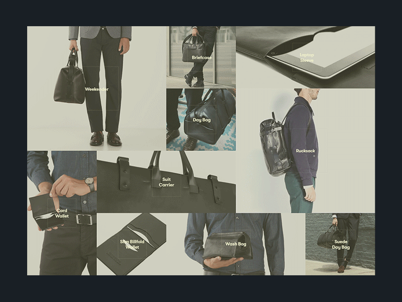 Troubadour - hover animation website concept homepage gif animation fashion accessories bags handcrafted leather luxury troubadour