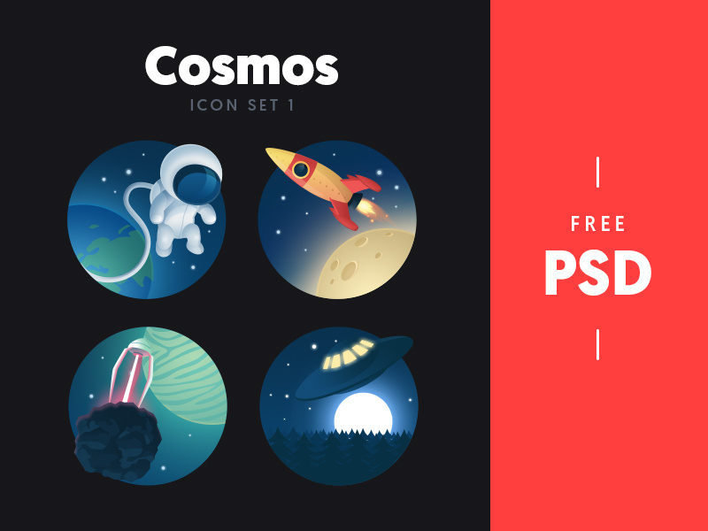 Cosmos - free icon set 1 rocket. planet astronaut ufo cosmos stars space illustration set icon psd free freebie