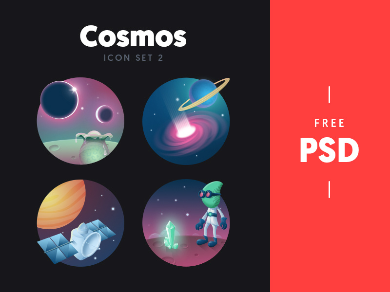 Cosmos - free icon set 2 set space wormhole gem alien satellite planets stars freebie psd icon illustration
