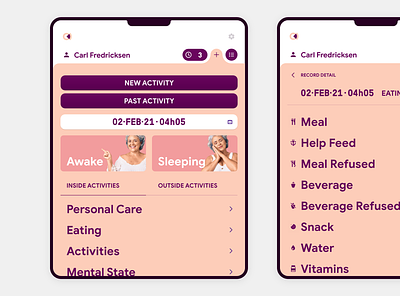 Caremate App - Inserting Activity activities activity branding healthcare log mobile app design pastel colors registers tablet app user interface design