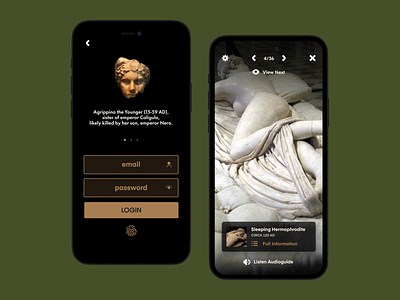 Museo Romano · Tour Guide App III ar dark ui greek login page mobile app museum onboarding roman tour guide ui user interface design ux