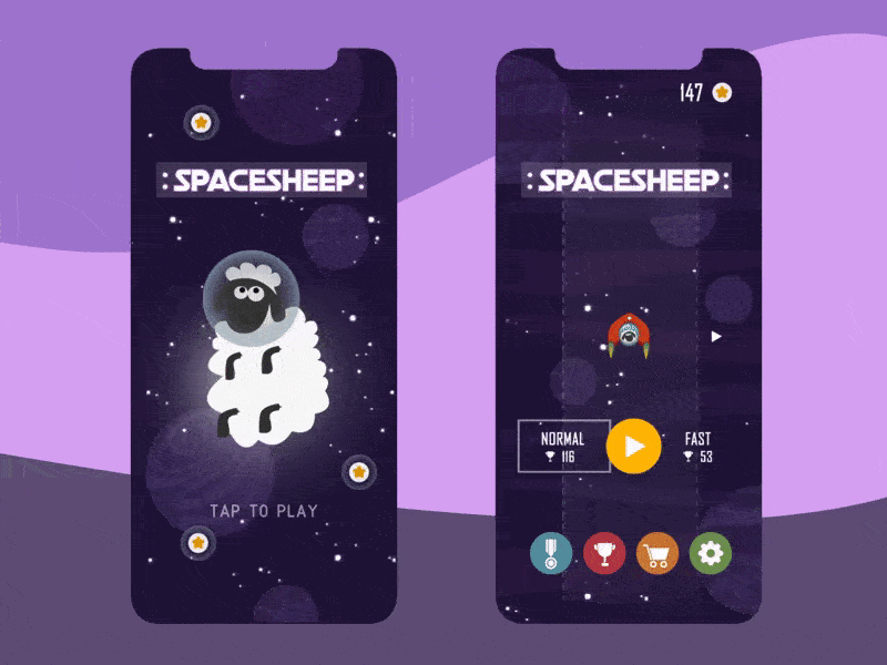 "SPACESHEEP" mobile game animation app game art game design game ui illustration ui ux