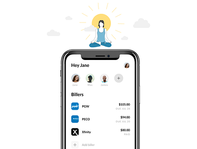 All your house bill accounts in one place. bills clouds fintech house house illustration housemates landing page meditation mobile payments relax relaxation splitting