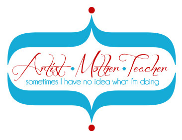 Logo for ArtistMotherTeacher.com brackets cyan dots logo red type typography