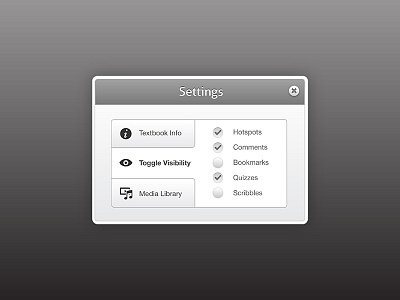 Modal with tabs and checkboxes checkboxes fancy greyscale modal squishy tabs vertical