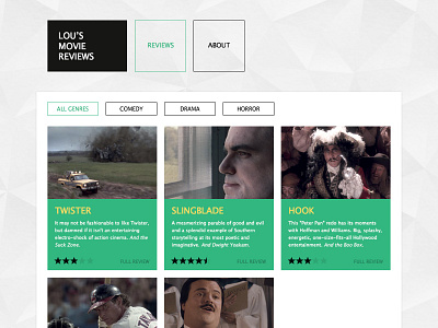 Lou's Movie Reviews card design flat green interface movie review stars teaser tile ui