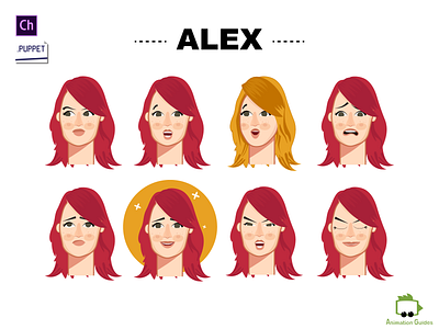 Alex Facial Expressions 2d adobe character animator adobe illustrator ai character character animator character design character illustration character illustrations download emotions expressions faces facial expressions female flat girl puppet vector woman