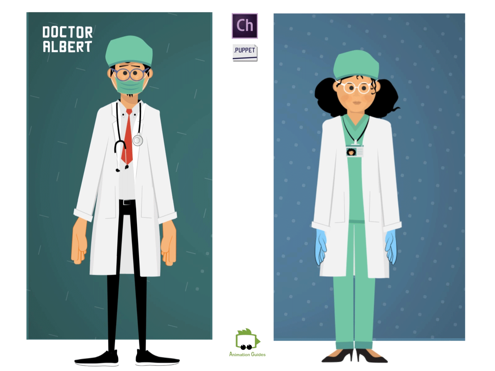 Dr. Albert & Dr. Gaya .ai adobe character animator animation character character animation character animator character design doctor doctors download female health healthcare illustration male medical motion capture puppet puppets vector