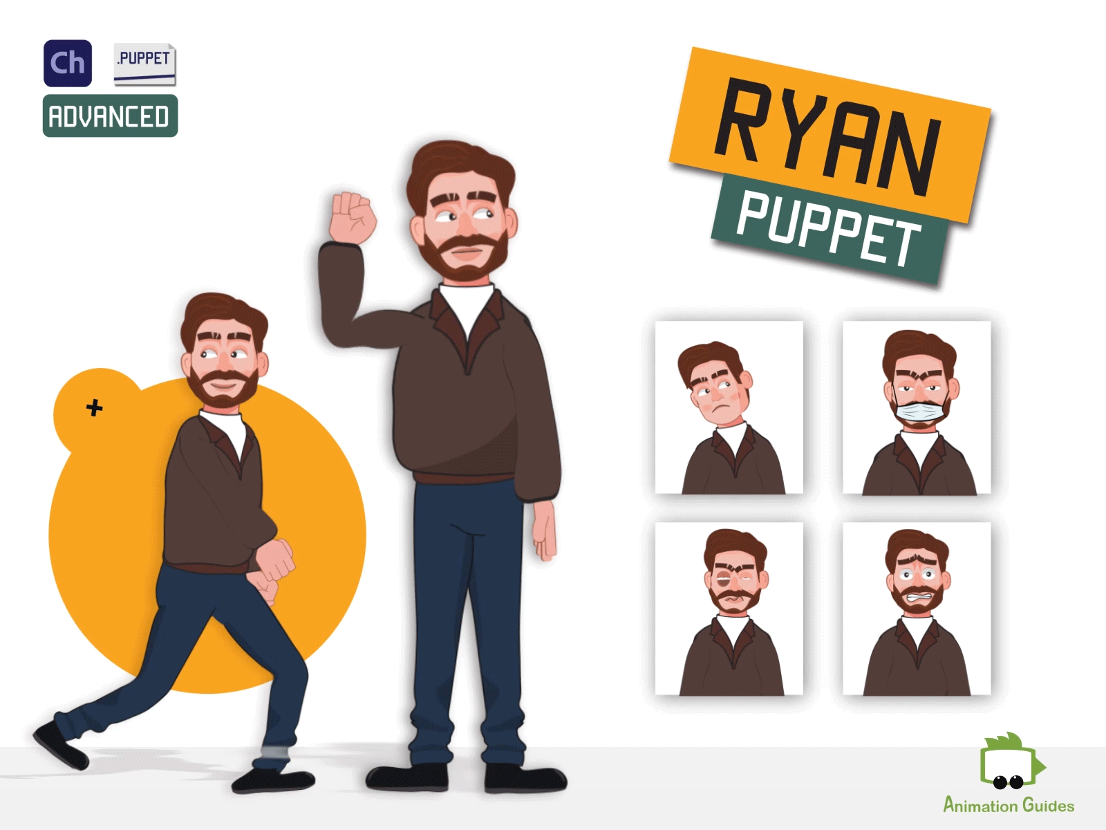 Meet Ryan ...✋ .ai .puppet adobe character animator animated animation character character animator character design download emotions expressions illustration male man puppet vector walk