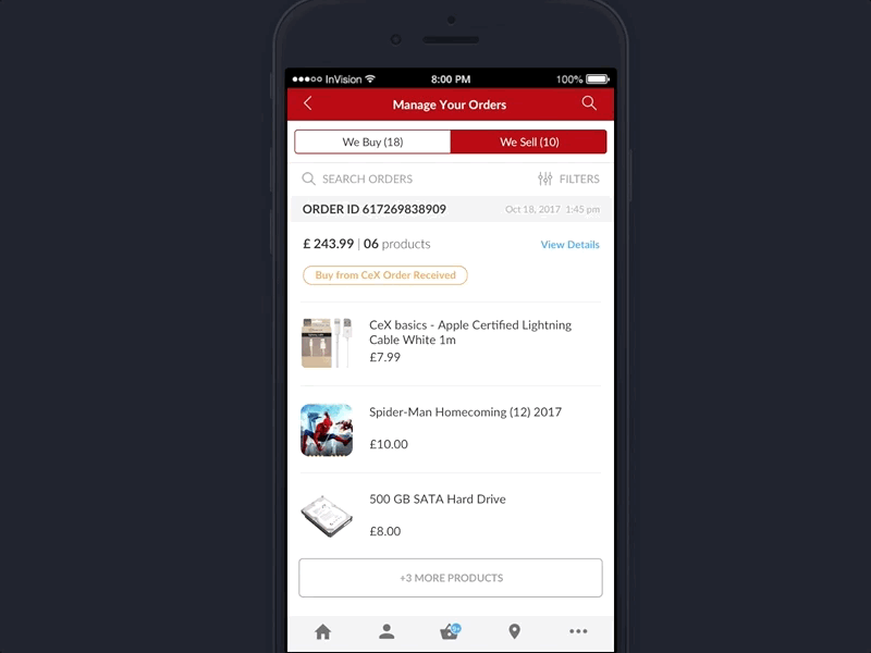 Manage Orders For CeX App ecommerce entertainment iphone app manage orders mobile app ui ux design