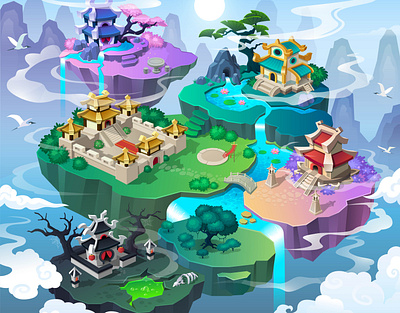 Game map island asia chinese chinese style crane fairy tale first sight floating game map island island game landscape legend map temple traditional