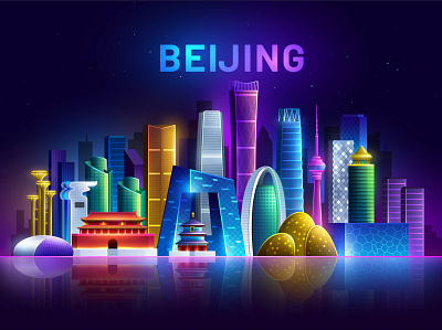 Beijing cityscape panorama art asia beijing china chinese city cityscape game hometown illustration landmark light neon night night city skyline synthwave temple town traditional