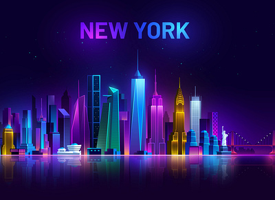 New York Cityscape Panorama america american bridge building city cityscape game ui hometown illustration neon neon city new york night panorama skyline statue of liberty timesquare tower town ui