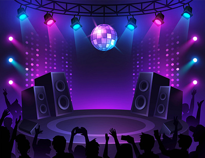 Music Stage audience backdrop concert dance disco disco ball game game ui illustration light music stage perfomance podium show show time singer spotlights stage ui vector