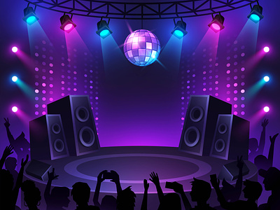 Music Stage audience backdrop concert dance disco disco ball game game ui illustration light music stage perfomance podium show show time singer spotlights stage ui vector