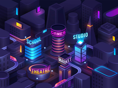 Isometric night city art city cityscape downtown futuristic game game ui illustration isometric land landmark neon neon city night city studio synthwave town ui urban vector