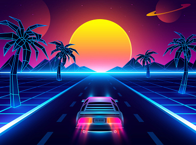Retro futuristic road 80s abtract art car city future futuristic game game ui mountain neon retro sun sunset synthwave vector