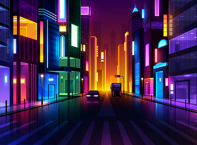 Futuristic Night City building center city cityscape downtown futuristic hometown horizon landscape mall neon neon city night city shopping sign synthwave tower town urban vector