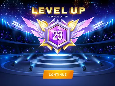 Level up game screen audience award fireworks game game gui game ui level level up light medal night sky podium realistic reward spotlight stadium stage station ui vector