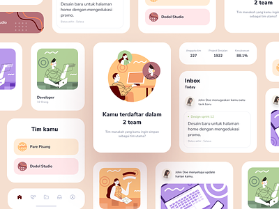 Office Management App app cards dashboard empty states graph icons illustration ios mobile pop up project social stats team team work ui kit