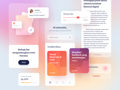 Story Sharing App app blur book cards dashboard discover glass gradient icons ios mobile read story ui kit writing