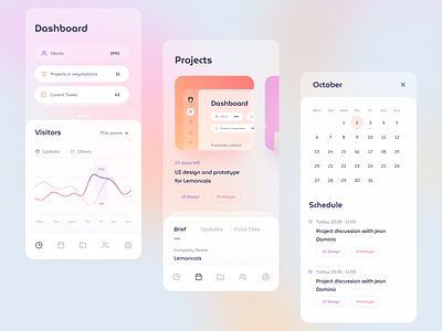 Project management Dashboard Mobile app calendar chart dashboard gradient graph icons illustration inbox ios mobile schedule social stats
