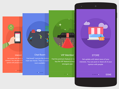 Intro illustration android chat room design flat illustration interest intro material social store vip