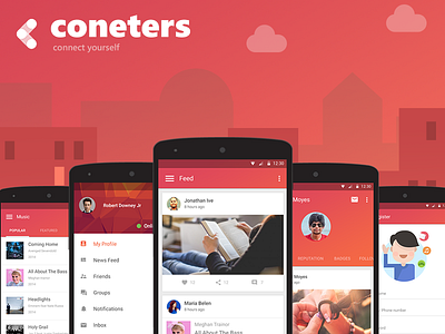 Coneters Android App Designs android branding design flat illustration logo material social