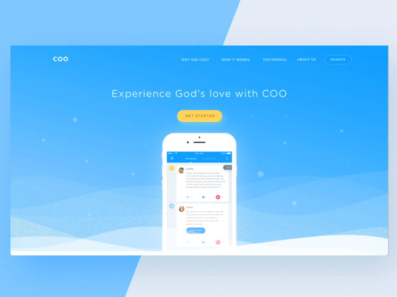 Coo Landing Page Transition agency animation bird creative gif icons illustration pray principle religion web website