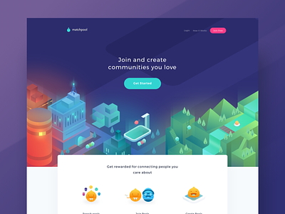 Matchpool Landing Page city communities icons illustrations isometric pool web website