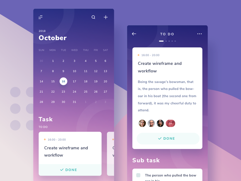 Calendar & Project management App details event collaboration team cards to do task calendar gradient ios 11 ios