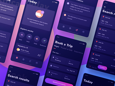 Flights & Hotel App Dark version app book cards dashboard discover flight hotel icons illustration ios mobile order