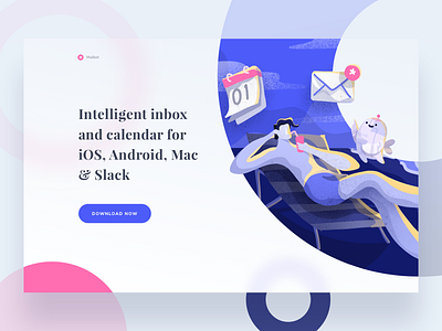 Maibot email app landing page ai calendar character desktop icons illustration mail people productivity relax robot web