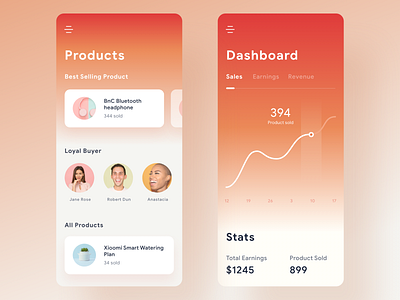 Commerce Dashboard App app cards chart dashboard design gradient graph icons ios mobile products stats