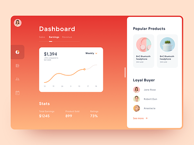 Commerce Dashboard UI app cards chart commerce gradient graph icons illustration ios material mobile sales social stats ui web