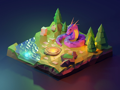 Magical Scenery Low Poly Illustration 3d ancient beast blender dragon dungeon forest gradient icons illustration low poly modelling monster pine