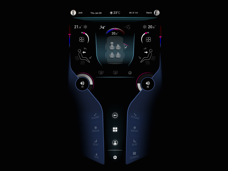 Central car dashboard animation animation app automotive car design experience interface design ui ux vector