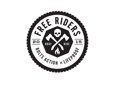 Bolts Action – Main Badge badge bold campfire hatchets lockup logo moto motorcycle ride script