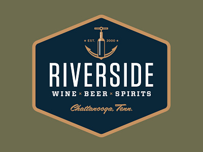Riverside Beverage Badge alcohol anchor badge beer beverage boat booze bottle corkscrew liquor spirits wine