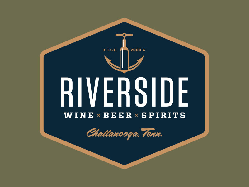 Riverside Beverage Badge beer spirits badge boat corkscrew bottle beverage alcohol booze wine liquor anchor