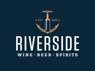Riverside Beverage Logo alcohol anchor beer bottle corkscrew liquor river spirits stars wine
