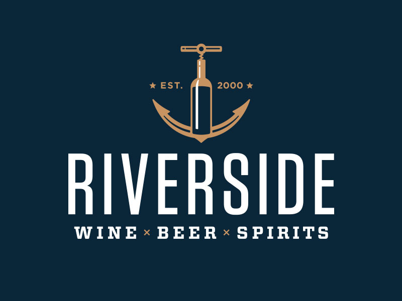 Riverside Beverage Logo liquor alcohol river stars corkscrew wine spirits beer bottle anchor